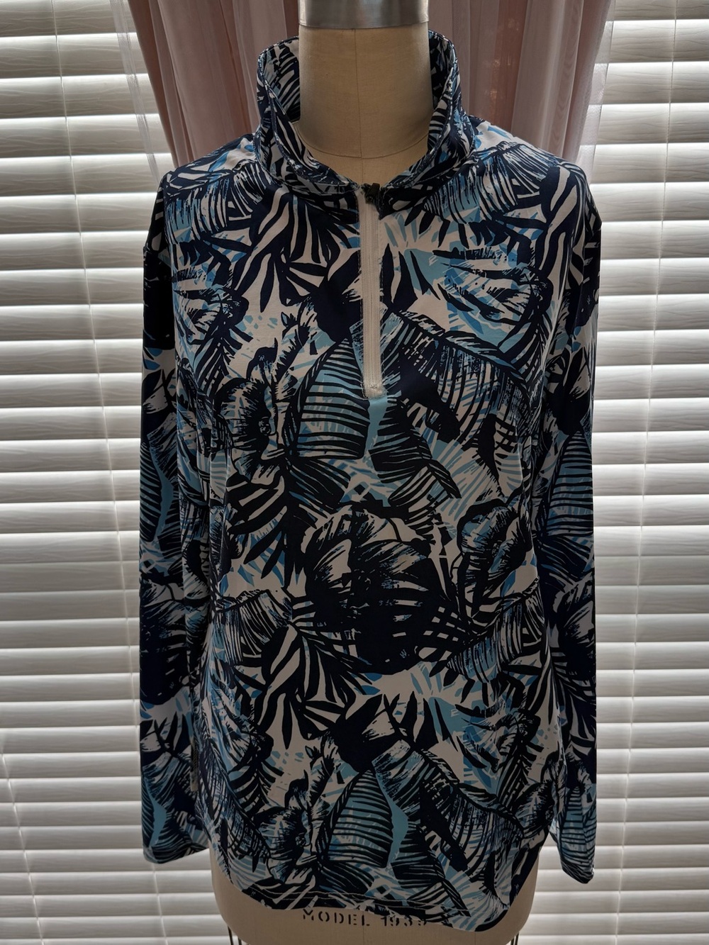 Long Sleeve Half-Zip Tropical Print Top - Blue/White